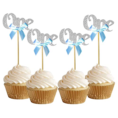 Bymivofun 24 Stück Glitter One Cupcake Topper, Cupcake Dekorationen zum 1. Geburtstag, für Jubiläum, Geburtstag, Kinderparty Dekorationen (Silber) von Bymivofun