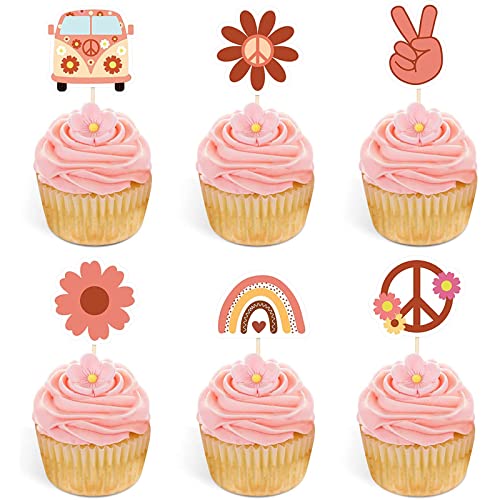 Bymivofun 24 Stück Hippie Party Cupcake Topper, Two Groovy Party Dekorationen, Peace Love Cupcake-Topper, für Blumenmädchen-Geburtstagsfeier, 60er Jahre Thema Boho Rainbow Party Supplies von Bymivofun