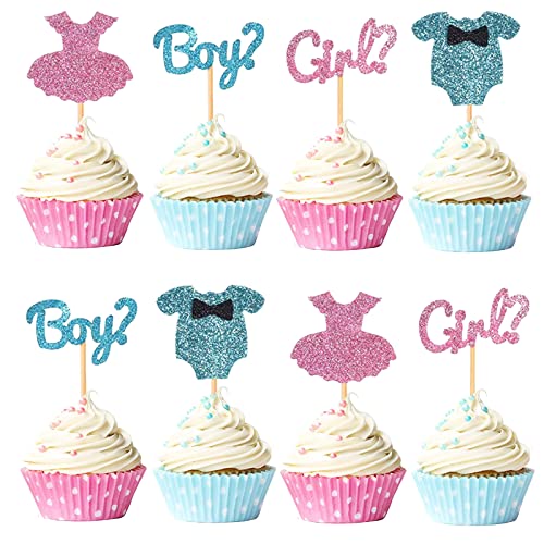 Bymivofun 24 Stück Jungen oder Mädchen Cupcake Topper, Glitzer Gender Reveal Kuchen Dekoration, für Geburtstag, Hochzeit, Taufe, Babyparty, Kinderparty Zubehör von Bymivofun
