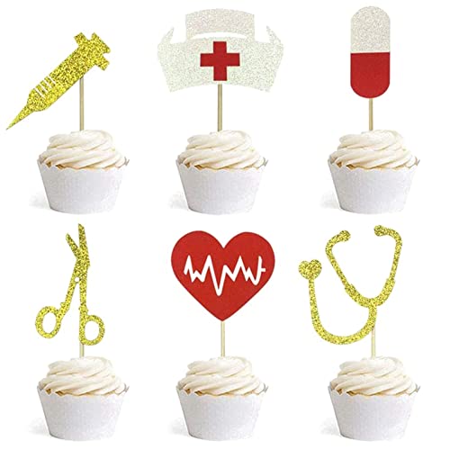 Bymivofun 24-teilige Krankenpflege Cupcake Toppers, Krankenschwester Abschluss Cupcake-Picks, Glitzer Kuchendekorationen für die Krankenpflege, für Partys mit Rn Krankenschwester Motto von Bymivofun