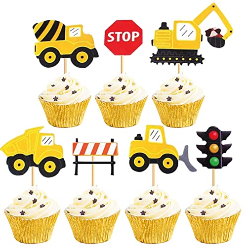 Bymivofun 28 Stück Baufahrzeug Cupcake Topper, Bagger Cake Topper, Auto Bagger Kuchendekoration, für Kinder Jungen Kinder Geburtstagsfeier Dekoration von Bymivofun