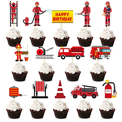 Bymivofun 28-teilige Feuerwehr Cupcake Topper, Feuerwehrmann Kuchen Dekoration, Feuerwehrauto Kuchen Dekoration, für Kinder, Jungen, Kindergeburtstag, Partydekoration von Bymivofun