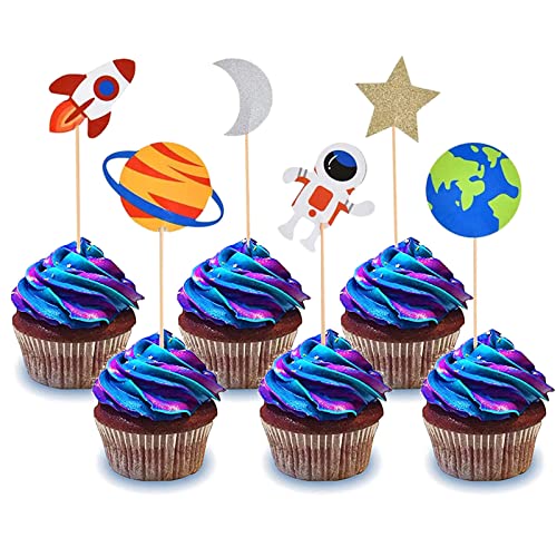Bymivofun 30 Stück Weltraum Kuchen Toppers, Glitzer Planet Geburtstags Toppers, Rakete Astronaut Kuchen Dekoration, für Kinder-Kindergeburtstag, Raumschiff-Motto-Party-Zubehör von Bymivofun
