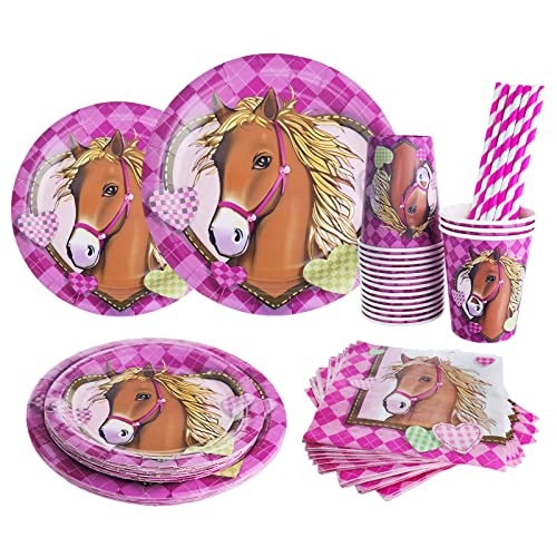 Bymivofun Pferd Partygeschirr Geschirr Set, für 16 Gäste, Papier Pferd Party Supplies, für Kinder Pferd Thema Geburtstag Party Dusche Dekoration von Bymivofun