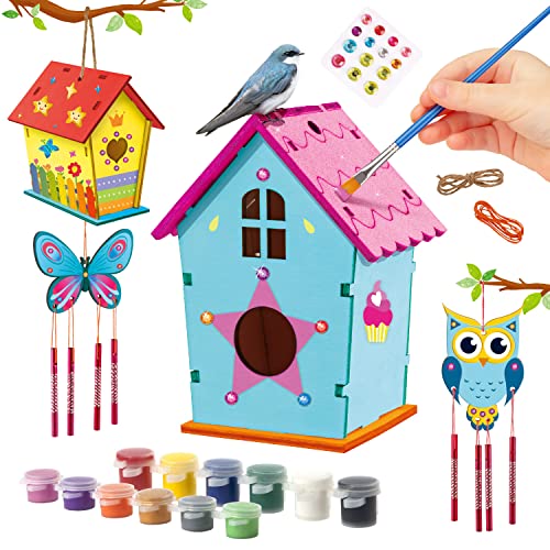 Byncceh Vogelhaus Windspiel Bastelset Kinder - DIY Set 2 Stück Bastelset Kinder zu Bauen und Malen, Schmetterlinge Deko, Vogelhaus Bausatz Kinder aus Holz, Geschenke für Mädchen Jungen von Byncceh