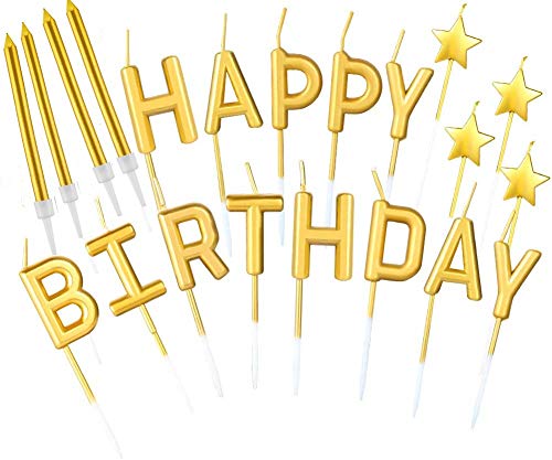 byou Geburtstag Kuchen Kerzen,Geburtstagskerzen Set 21stück Gold Happy Birthday Kuchen Kerzen Stern Geburtstag Topper Metallisch Lange Dünne Kerzen für Kuchen Dekorationen von byou