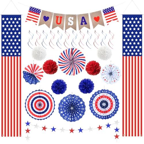 4. Juli Dekorationen Patriotisches Dekor-Set – 28-teiliges USA-Flaggen-Banner, hängende Wirbel, Papierfächer, Sternschlangen, rot-weiß-blaue Pompons, Heim-Party-Zubehör für den vierten Juli von Byrita
