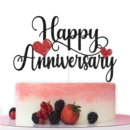 Tortenaufsatz "Happy Anniversary", Kuchendekoration für Hochzeitstag, Geburtstag, Hochzeit, Jahrestag, Party-Dekoration, schwarzer und roter Glitzer Tortenaufsatz "Happy Anniversary", Kuchendekoration für Hochzeitstag, Geburtstag, Hochzeit, Jahrestag, Party-Dekoration, schwarzer und roter Glitzer von Bytorjar