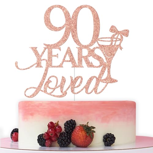 Tortenaufsatz mit Aufschrift "90 Years Loved", "Happy 90th Birthday", "Cheers to 90 Years", Party-Dekoration, Roségold-Glitzer Tortenaufsatz mit Aufschrift "90 Years Loved", "Happy 90th Birthday", "Cheers to 90 Years", Party-Dekoration, Roségold-Glitzer von Bytorjar