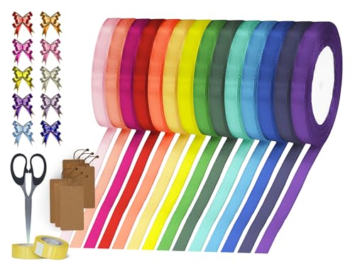 XXL Geschenkband Set 14 bunte Farben - Satinband zum Basteln - Geschenkbänder Satin, Stoff mit Namensschilder für Hochzeit Deko von C & S YOUR FAVORITE