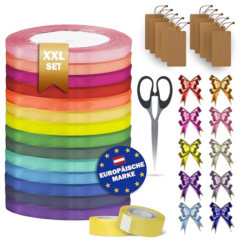 Geschenkband [XXL Set inkl. Schleifen Geschenkanhänger] Satinband 14 Farben 10mmx22m Schleifenband Geschenkverpackung Deko Basteln Weihnachten Seidenband von C & S YOUR FAVORITE