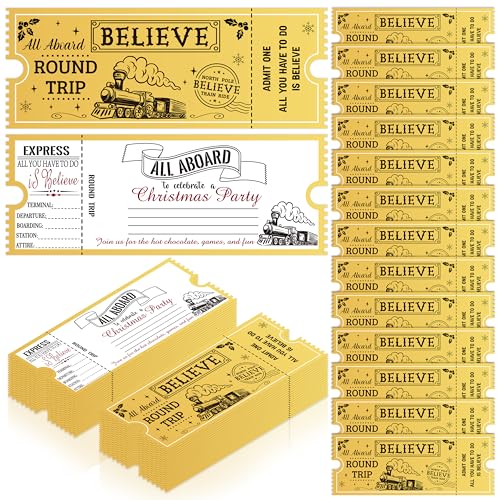 C1krint Goldene Weihnachts-Tickets, Großpackung – 50 Stück, Nordpol Believe Zugticket, Goldfolienprägung, beschreibbare Party-Einladungskarten, Geschenkanhänger für Weihnachten, Urlaub, Party von C1krint