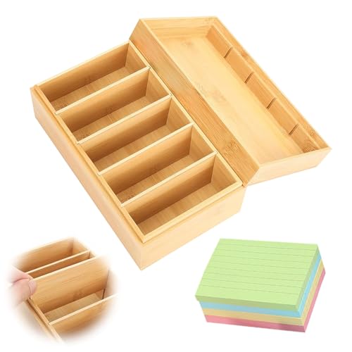 A7 Karteikarten Box Holz, 22x12,6x9cm Karteikarten Holzbox mit Deckel, Holz Wortschatzbox Index Box mit 4 Herausnehmbar Trennwänden und 400 Stück Haftnotizen, für Büro, Zuhause(Inklusive Index Cards) von CAAGGMM