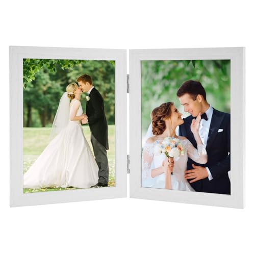 CAAGGMM Doppelter Bilderrahmen Faltbar, 10 x 15 cm Vertikaler Fotorahmen mit Scharnier, Bilderrahmen 2 Fotos, Doppelter Bilderrahmen, Klappbarer Bilderrahmen Aus Holz, für Tischaufsteller(Weiß) von CAAGGMM