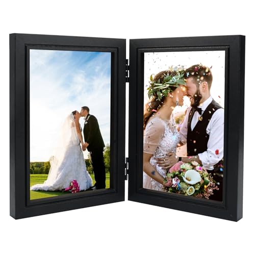 CAAGGMM Doppelter Bilderrahmen Faltbar, 12,5 x 17,5 cm Vertikaler Fotorahmen mit Scharnier, Bilderrahmen 2 Fotos, Klappbarer Bilderrahmen Aus Holz, Faltbarer Rechteckiger Foto Displayhalter(Schwarz) von CAAGGMM