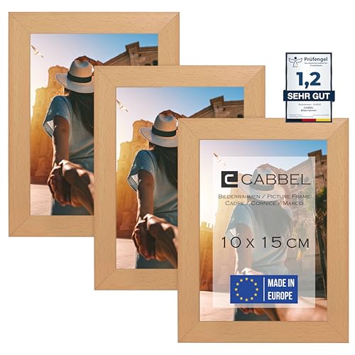 CABBEL (3er Set Bilderrahmen 10x15 cm, Natur, stabiles MDF-Holz Rahmen, bruchsicherem Plexi-Glas, zum Aufhängen & Aufstellen, ideal für Fotos/Bilder/Collage von CABBEL