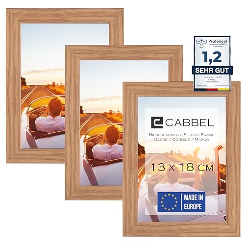 CABBEL 3er Set Bilderrahmen 13x18 MDF Holz-Rahmen mit bruchsicherem Acrylglas in Eiche von CABBEL