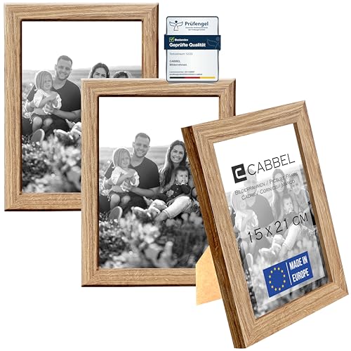 CABBEL 3er Set Bilderrahmen 15x21 cm, Eiche, stabiles MDF-Holz Rahmen, bruchsicherem Plexi-Glas, zum Aufhängen & Aufstellen, ideal für Fotos/Bilder/Collage von CABBEL