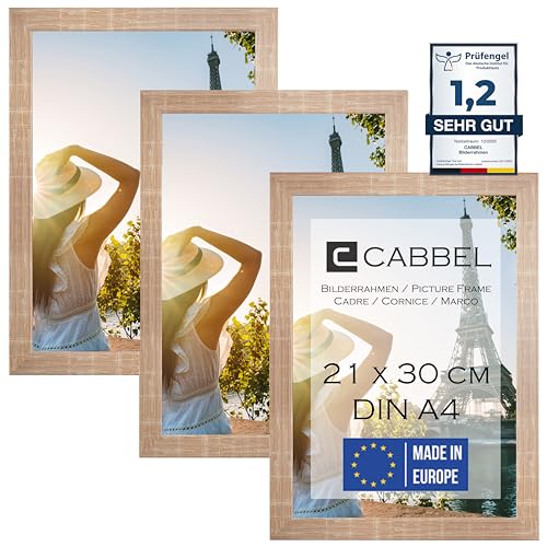 CABBEL 3er Set Bilderrahmen DIN A4 21x30 MDF Holz-Rahmen mit bruchsicherem Acrylglas, ideal für Collagen, Portraits & Urkunden in Mokka Hell von CABBEL