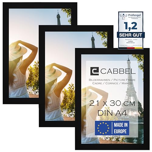 CABBEL 3er Set Bilderrahmen DIN A4 21x30 MDF Holz-Rahmen mit bruchsicherem Acrylglas, ideal für Collagen, Portraits & Urkunden in Schwarz von CABBEL
