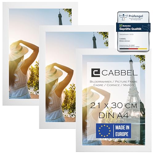 CABBEL 3er Set Bilderrahmen DIN A4 21x30 MDF Holz-Rahmen mit bruchsicherem Acrylglas, ideal für Collagen, Portraits & Urkunden in Weiß von CABBEL