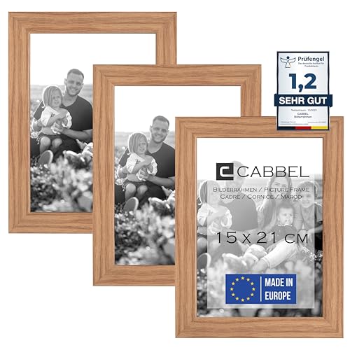 CABBEL 3er Set Bilderrahmen DIN A5 15x21 cm MDF Holz-Rahmen mit bruchsicherem Acrylglas in Eiche von CABBEL