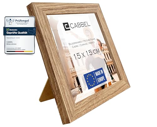 CABBEL Bilderrahmen 15x15 cm, Eiche, stabiles MDF-Holz Rahmen, bruchsicherem Plexi-Glas, zum Aufhängen & Aufstellen, ideal für Fotos/Bilder/Collage von CABBEL