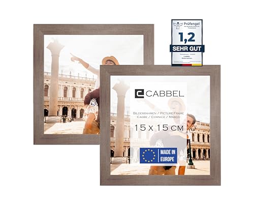 CABBEL Doppelpack (2er Set) Bilderrahmen 15x15 cm, Eiche Dunkel, stabiles MDF-Holz Rahmen, bruchsicherem Plexi-Glas, zum Aufhängen & Aufstellen, ideal für Fotos/Bilder/Collage von CABBEL