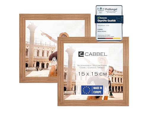 CABBEL Doppelpack (2er Set) Bilderrahmen 15x15 cm, Eiche, stabiles MDF-Holz Rahmen, bruchsicherem Plexi-Glas, zum Aufhängen & Aufstellen, ideal für Fotos/Bilder/Collage von CABBEL