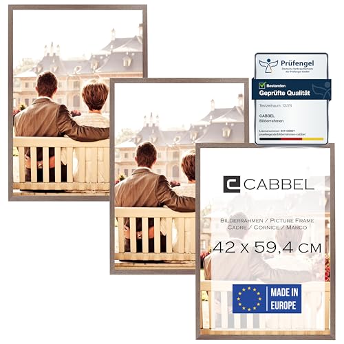 CABBEL Dreierpack (3 Stk.) Bilderrahmen 42x59,4 cm MDF Holz-Rahmen in Eiche Dunkel | mit bruchsicherem Plexi-Glas/Modern, zum Aufhängen, ideal für Fotos/Bilder/Collage von CABBEL