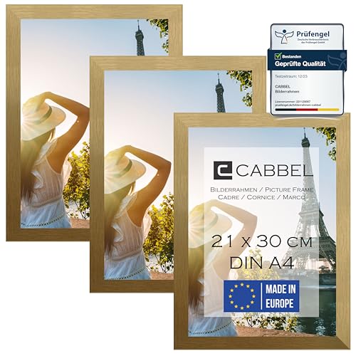 CABBEL Dreierpack (3 Stk.) Bilderrahmen DIN A4 21x30 MDF Holz-Rahmen in Gold | mit bruchsicherem Plexi-Glas/Modern von CABBEL