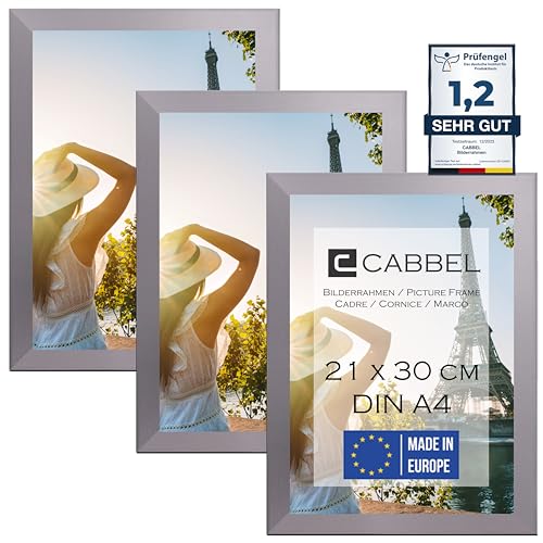 CABBEL Dreierpack (3 Stk.) Bilderrahmen DIN A4 21x30 MDF Holz-Rahmen in Silber | mit bruchsicherem Plexi-Glas/Modern von CABBEL