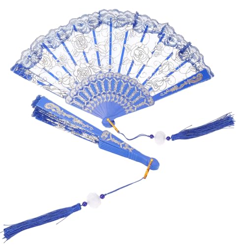 CABODYALS 1 Stück Blauer Handfächer Aus Spitze Faltbar Mit Polyesterquasten Vintage Stil Bestickte Blumesn Transparenter Stoff Blumesnbesatz Handfächer Für Frauen Teeparty Tanzkostüm Party Hochzeitsde von CABODYALS