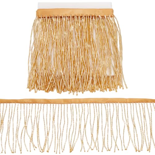 CABODYALS 1 Yard 4.09 Zoll Breite Goldene Glasperlenquaste Funkelnde Vintage Fransenperlenbesatz Funkelnde Kette Zopf Dekoratives Polyesterband Zum Nähen Herstellen von Vorhängen Kostümparty Dekoratio von CABODYALS