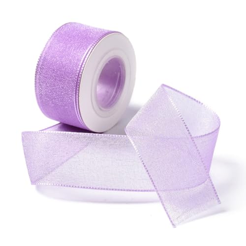 CABODYALS 1 Zoll Hellviolettes Durchsichtiges Band Transparentes Chiffonband Breiter Seidenstoff Bandbesatz Mit Spule Zum Verpacken von Geschenken Hochzeitseinladungen Blumensträußen Weihnachtsdekorat von CABODYALS