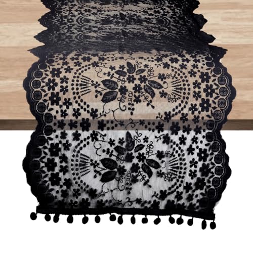 CABODYALS 1 x Tischläufer Aus Spitze Groß Schwarz Rustikale Hochzeitstischdecke Rechteckig Vintage Romantisch Rechteckig Boho Esstischläufer Dekor Für Hotel Zuhause Wohnzimmer Brautparty Halloween von CABODYALS
