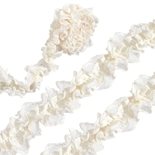 CABODYALS 1.83 m Beiges Plisseeband Aus Baumwolle Elastischer Spitzenbesatz Mit Rüschen Blumenmuster Bestickt Geraffter Wellenrand Netz Vintage Stil Weiche Dehnbare Bänder Zum Nähen Herstellen von Kos von CABODYALS