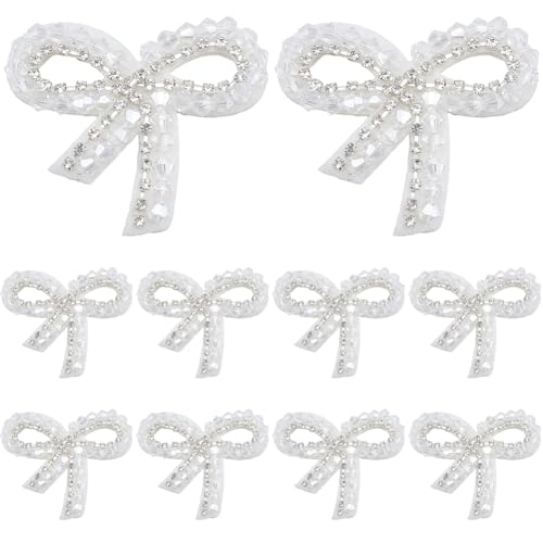 CABODYALS 10 Stück Perlen Schleifen Aufnäher Glas Strass Schleife Bestickter Aufnäher Glitzernde Weiße Kristallschleife Zum Aufnähen Reparatur Abzeichen Applikationen In Großpackung Zum Nähen Herstell von CABODYALS