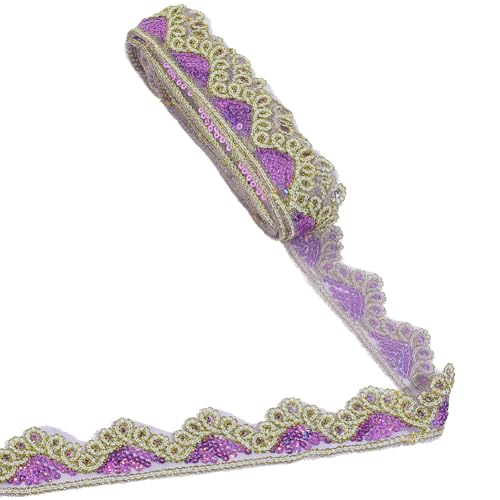 CABODYALS 10 Yards 1.7 Zoll Lila Spitzenbesatz Florale Pailletten Goldene Kante Orchideenstickerei Glitzerbesatz Funkelnde Pailletten Polyester Tüllband Zum Nähen Herstellen von Kleidung Kleidern Deko von CABODYALS