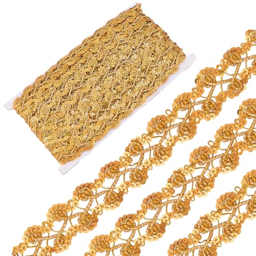 CABODYALS 13 m 28mm Goldene Pailletten Spitzenborte Glitzerzopf Blumenbesatz Metallische Flache Paillettenstreifen Gewebte Glitzerbänder Zum Nähen Herstellen von Kleidungszubehör Dekoration Partyhüten von CABODYALS