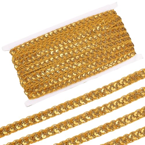 CABODYALS 13 m Goldene Paillettenborte Spitzenbesatz Funkelnde Pailletten Besatz Flach Rund Glitzerstreifen Einseitig Gewebt Tausendfüßlerbänder Zum Nähen Herstellen von Kleidung Kleidern Heimdekorati von CABODYALS