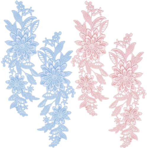 CABODYALS 2 Paar 2 Farben Rosa Und Blaue Blumen Spitzenapplikation Zum Aufnähen Stickerei 3D Blumenapplikationen Vintage Bestickte Polyester Flicken Zum Nähen Herstellen von Kleidern Kleidung Hochzeit von CABODYALS