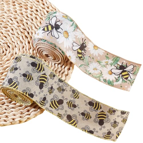CABODYALS 2 Rolle 10.97 m 63mm Bienenband Mit Draht Gelbes Bienenmuster Insektenmotiv Druckband Polyester Frühlings Und Sommerband Mit Drahtrand Zum Nähen Basteln Geschenkverpackung Partydeko von CABODYALS