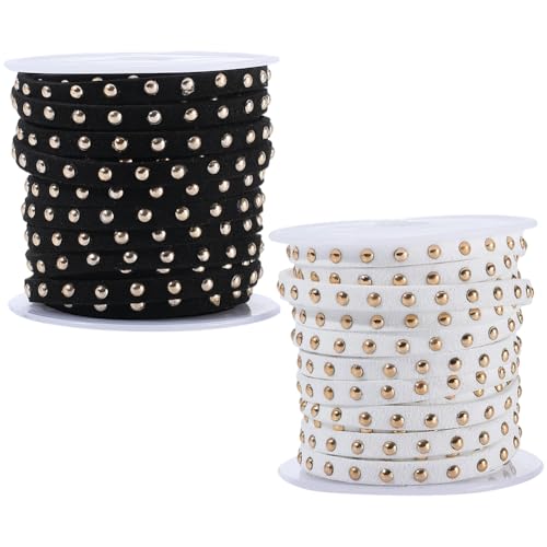 CABODYALS 2 Rolle 2 Farben 5mm Schwarz Weiß Mit Nieten Besetztes Kunstwildlederkordelseil Lederbesätze Nieten Flache Vegane Spitzenstreifen Perlenschnur Mit Silber Goldenen Nieten Für Die Schmuckherst von CABODYALS