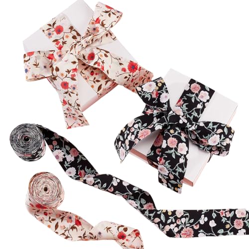 CABODYALS 2 Rolle 9.14 m 1.5(6) cm Ripsband Mit Blumendruck Doppelseitig Blumenmuster Vintage Bänder Polyester Frühlingsmotiv Mit Draht Zum Nähen Basteln Hochzeitssträuße Partyzubehör von CABODYALS