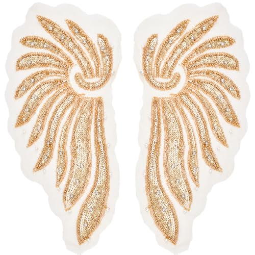 CABODYALS 2 Stück 2 Stile Applikation Mit Engelsflügeln 3D Spitzenapplikationen Aus Goldenen Pailletten Strasssteinen Perlen Groß Bestickt Zum Aufnähen Auf Tüll Zum Nähen Basteln Kleidung Taschen Klei von CABODYALS