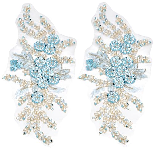CABODYALS 2 Stück 3D Blumen Pailletten Applikation Stickerei Spitze Blumen Tüll Aufnäher Polyester Himmelblau Mit Perlen Bestickt Zum Aufnähen Herstellen von Verzierungszubehör Für Hochzeitstücher Und von CABODYALS