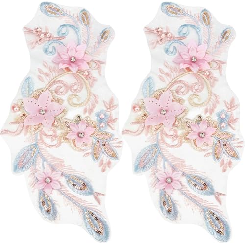 CABODYALS 2 Stück 3D Stickerei Applikation Mit Blumenmotiv Strasssteinen Bestickten Perlen Pailletten Spitzenapplikationen Aus Polyester Rosa Blume Zum Aufnähen Auf Tüll Zum Nähen Herstellen von Kleid von CABODYALS