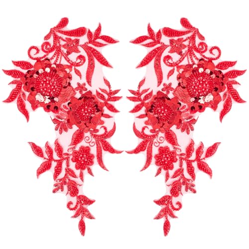 CABODYALS 2 Stück Rote 3D Blumen Stickapplikationen Perlen Spitzenaufnäher Stickerei Paillettenblume Vintage Glitzer Polyester Braut Organza Hochzeitsapplikation Zum Nähen Herstellen von Kleidern Deko von CABODYALS