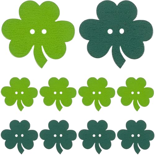 CABODYALS 200 Stück 2 Löcher Grüne Holzknöpfe In Kleeblattform Rund Flach Holzfeder Verschiedene Neuartige Dekorative Knöpfe Mit Flacher Rückseite Zum Nähen Herstellen von Kleidung Zum St. Patrick'S D von CABODYALS
